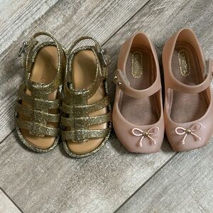 2 pairs Mini Melissa Glittery Gold Sandals and Pink bow ballet jelly shoes Sz 6
